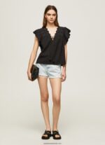 bluză din bumbac cu detalii ajurate femei Pepe Jeans negru 6Z0R46336 - imagine 2