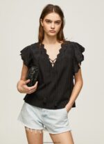 bluză din bumbac cu detalii ajurate femei Pepe Jeans negru 6Z0R46336