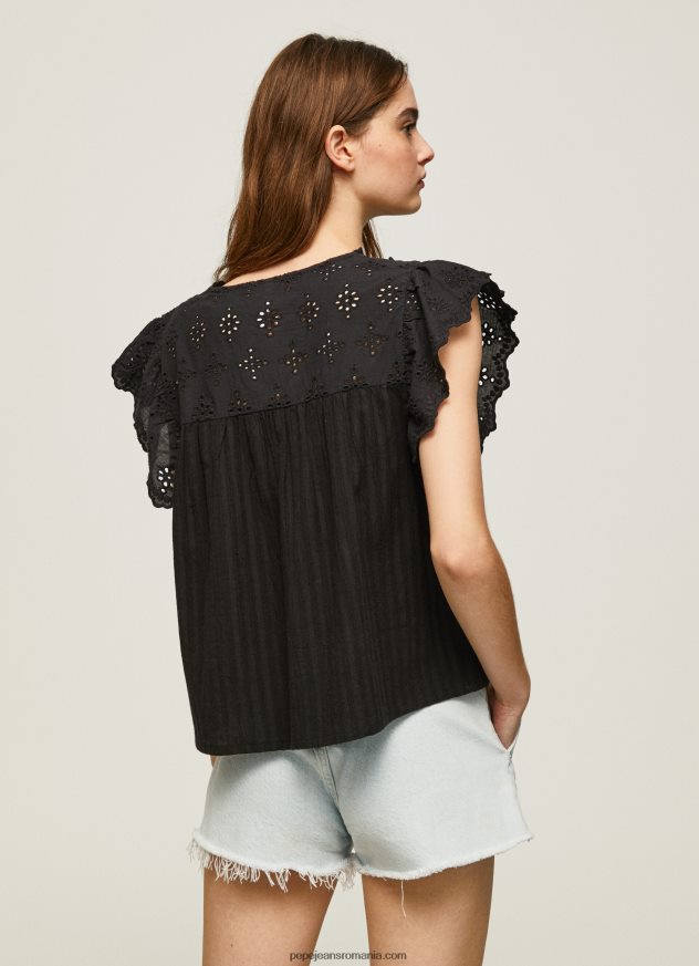bluză din bumbac cu detalii ajurate femei Pepe Jeans negru 6Z0R46336 - imagine 4
