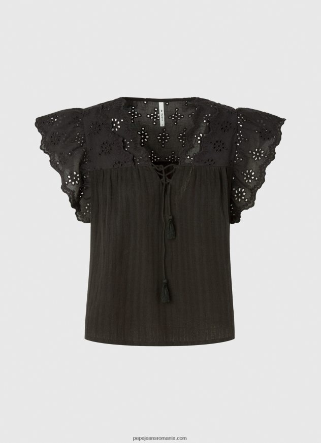 bluză din bumbac cu detalii ajurate femei Pepe Jeans negru 6Z0R46336 - imagine 5