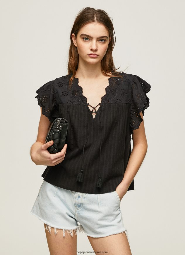 bluză din bumbac cu detalii ajurate femei Pepe Jeans negru 6Z0R46336 - imagine 1