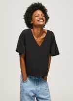top creponat cu volanuri pe maneci femei Pepe Jeans negru 6Z0R46365