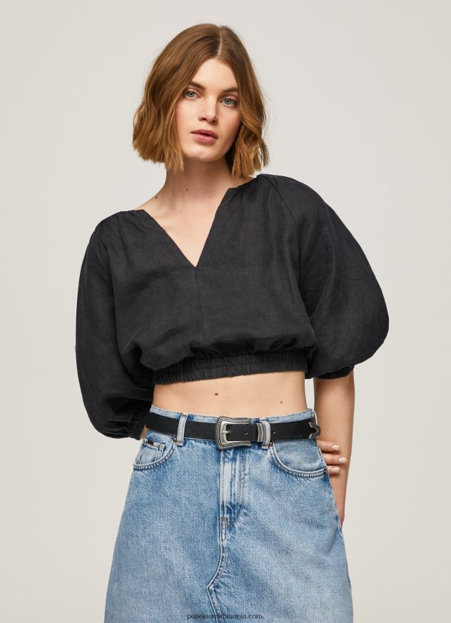 top cropped cu decolteu în V femei Pepe Jeans negru 6Z0R46374 - imagine 1