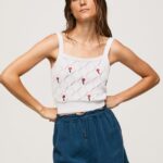 top din bumbac cu flori brodate femei Pepe Jeans alb 6Z0R46232