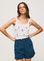 top din bumbac cu flori brodate femei Pepe Jeans alb 6Z0R46232