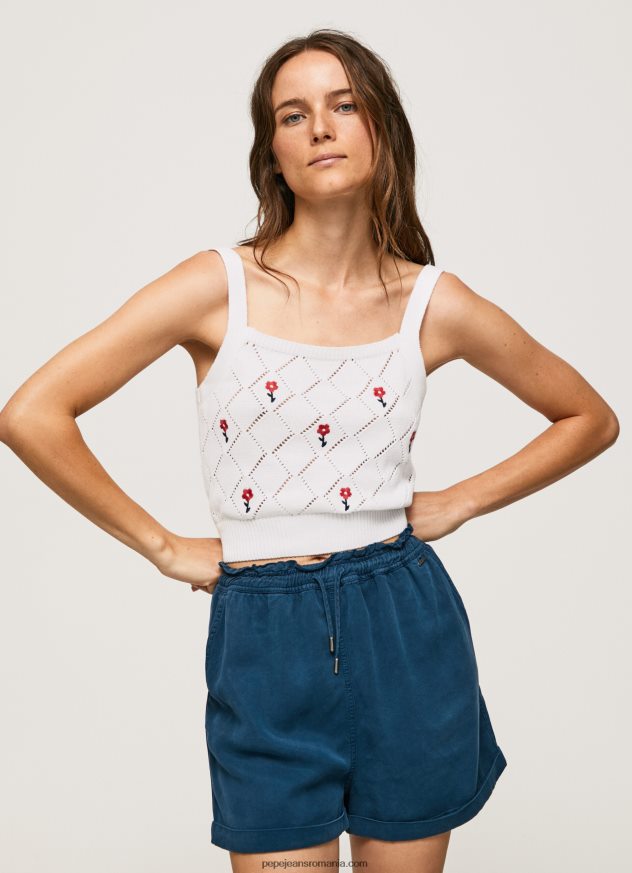 top din bumbac cu flori brodate femei Pepe Jeans alb 6Z0R46232 - imagine 1