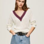tricou crepon cu decolteu în V femei Pepe Jeans alb 6Z0R46228
