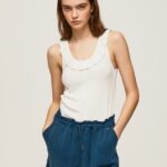 tricou cu decolteu cu volane femei Pepe Jeans alb 6Z0R46390