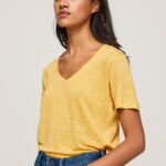 tricou cu decolteu în V din in femei Pepe Jeans strălucire 6Z0R46453