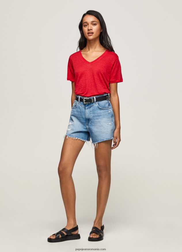 tricou cu decolteu în V din in femei Pepe Jeans studio roșu 6Z0R46465 - imagine 2