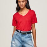 tricou cu decolteu în V din in femei Pepe Jeans studio roșu 6Z0R46465