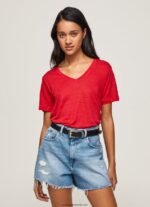 tricou cu decolteu în V din in femei Pepe Jeans studio roșu 6Z0R46465