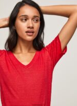 tricou cu decolteu în V din in femei Pepe Jeans studio roșu 6Z0R46465 - imagine 3