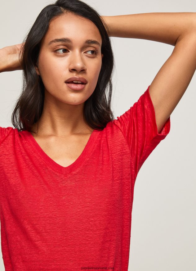 tricou cu decolteu în V din in femei Pepe Jeans studio roșu 6Z0R46465 - imagine 3