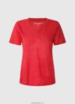 tricou cu decolteu în V din in femei Pepe Jeans studio roșu 6Z0R46465 - imagine 5
