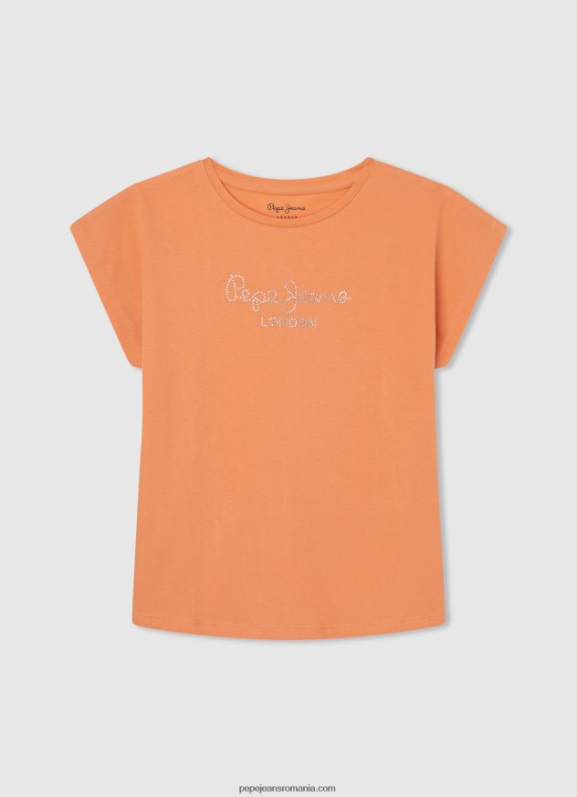 tricou din bumbac cu logo strass fată Pepe Jeans piersică 6Z0R461451 - imagine 1