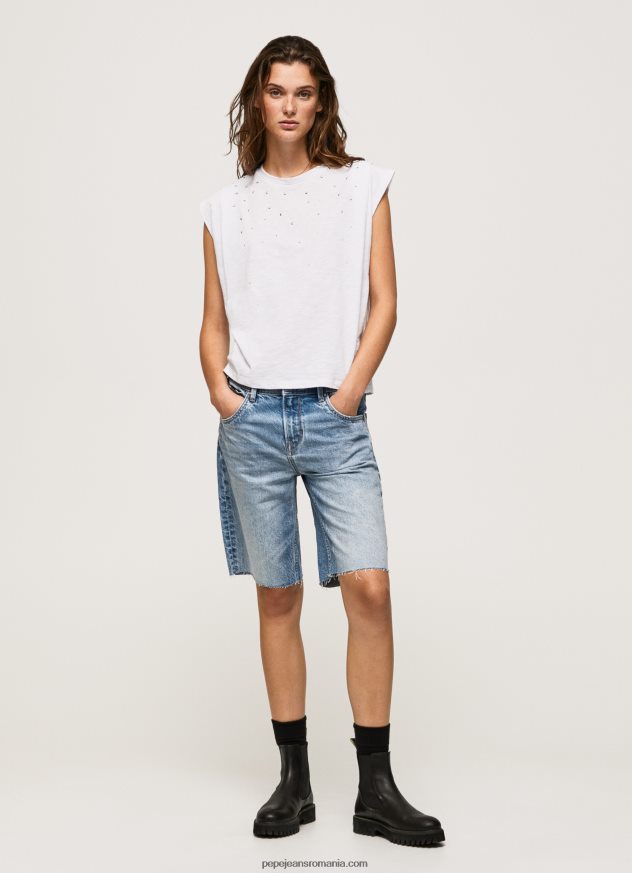tricou marmorat cu maneci cu armuri femei Pepe Jeans alb 6Z0R46409 - imagine 2
