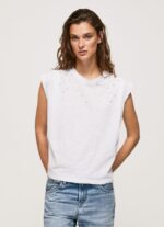 tricou marmorat cu maneci cu armuri femei Pepe Jeans alb 6Z0R46409 - imagine 3