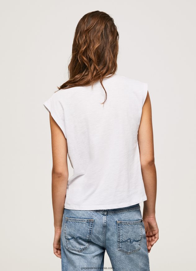 tricou marmorat cu maneci cu armuri femei Pepe Jeans alb 6Z0R46409 - imagine 4